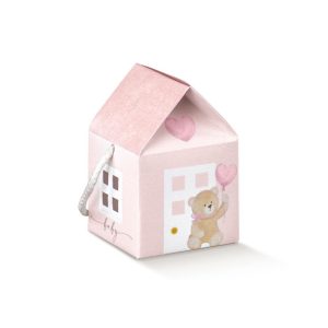 Casetta porta confetti, LITTLE BEAR, con cordino, rosa